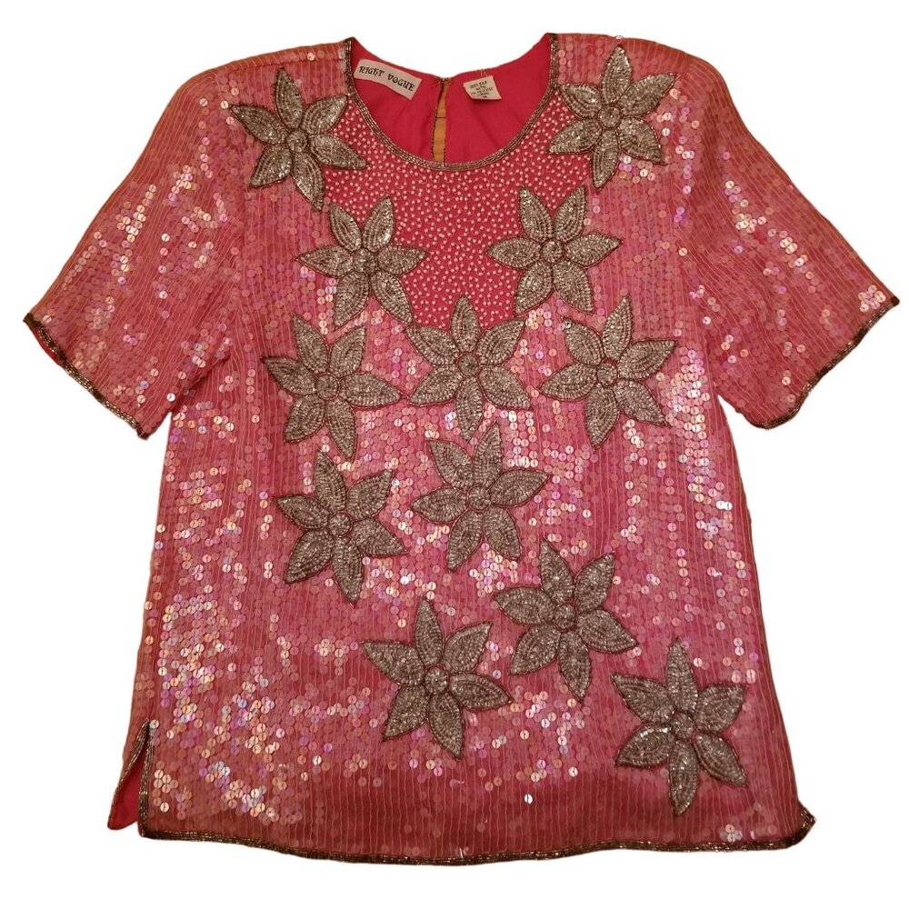 Night Vogue‎ M Pink Barbiecore Silk Beaded Top Vintage Cosplay Glam Party